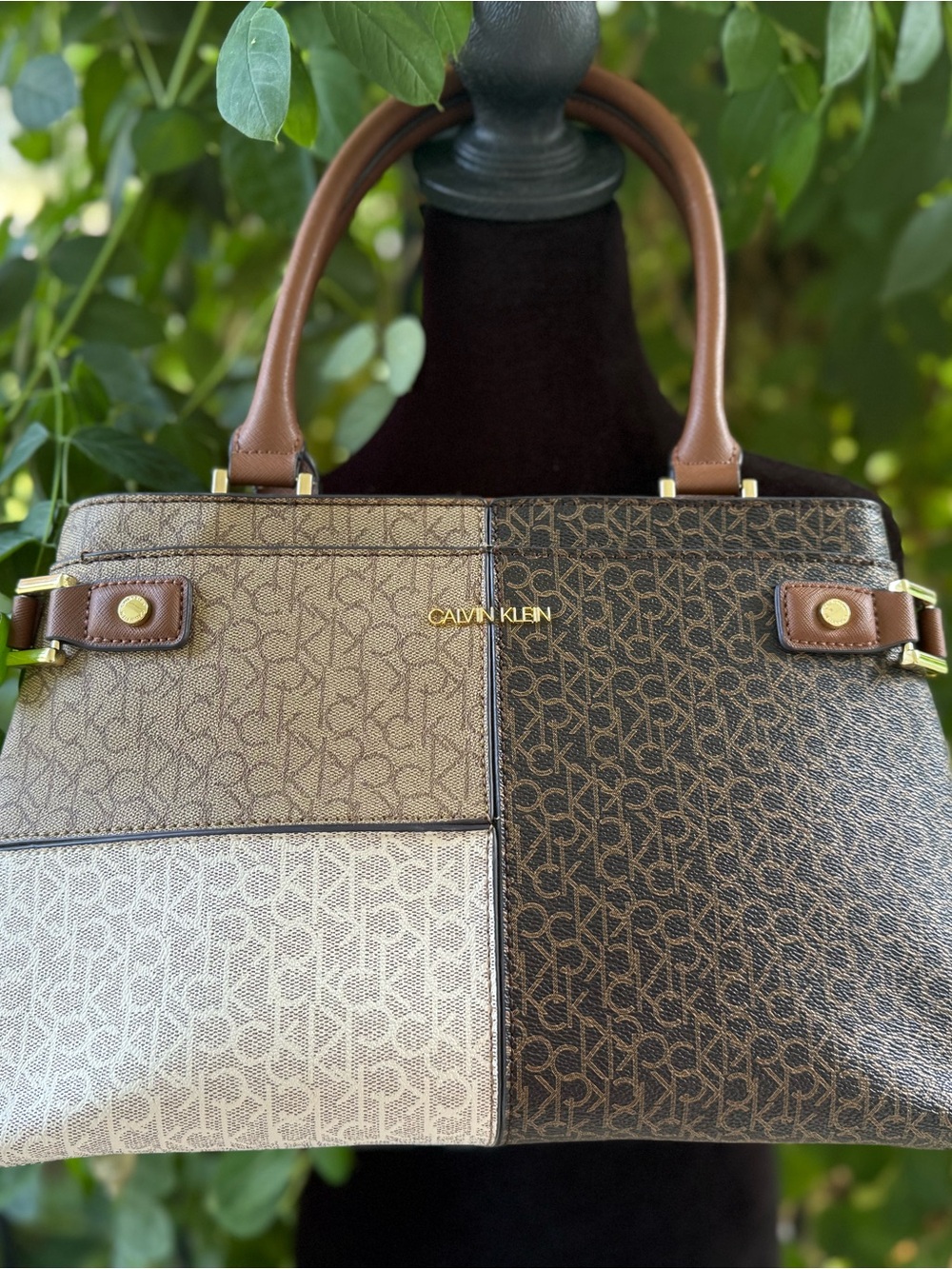 Calvin Klein Tri-Tone Logo Patchwork Tote - Brown/Tan/Cream